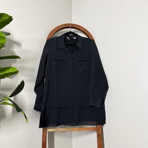 Soft Surroundings LARGE Black Rossini Long Sleeve Chiffon Hem Tiered Blouse